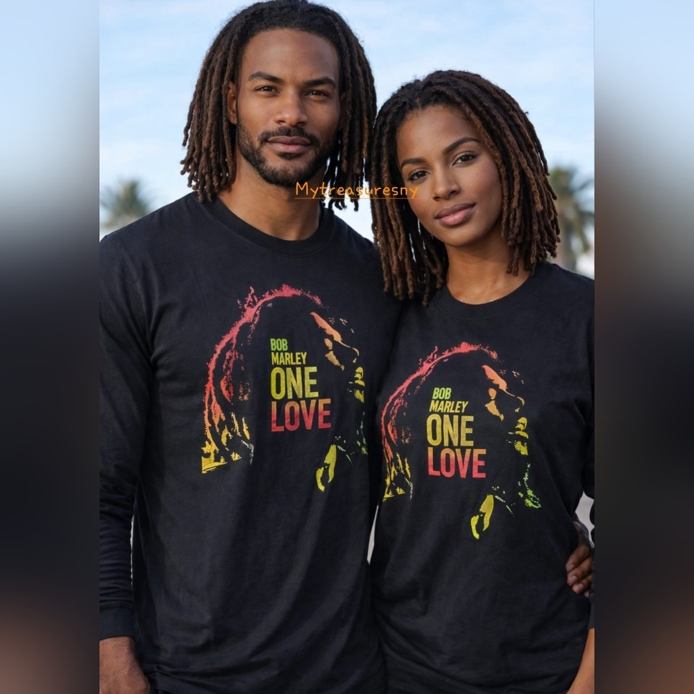 New BOB MARLEY ONE LOVE Black Cotton Tee Promo Movie Unisex Rasta Long Sleeve